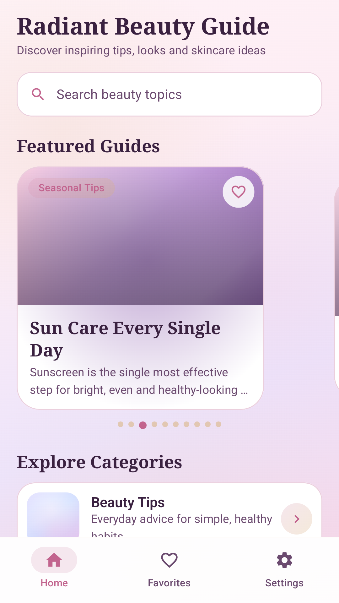 Radiant Beauty Guide home screen